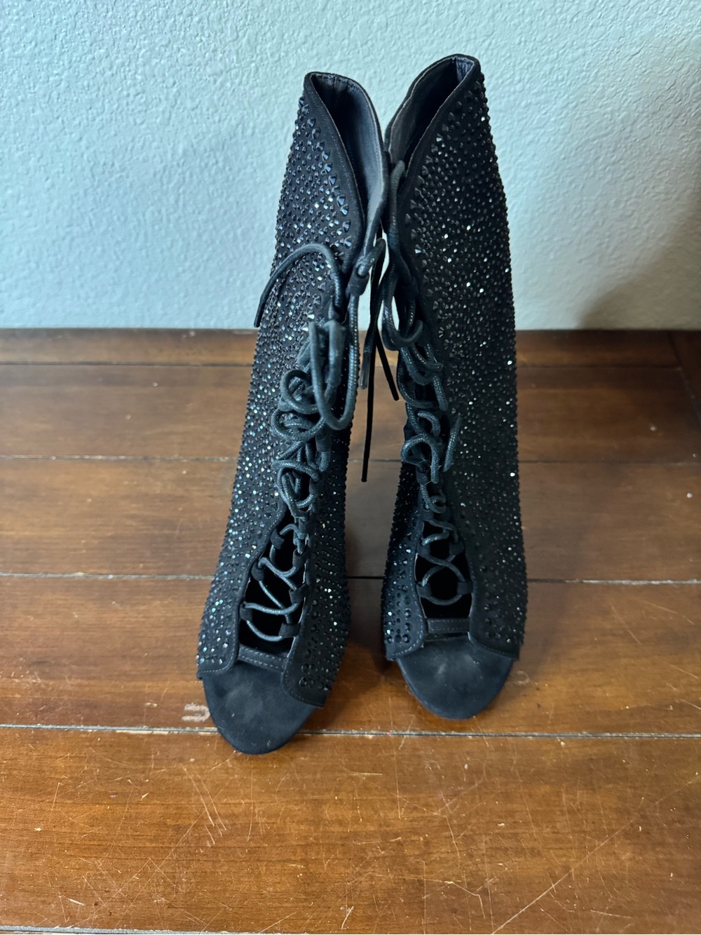 Black Lace-Up Peep-Toe Heeled Booties with Crystal Accents